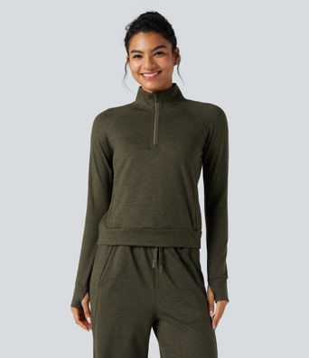 Half Zipper Thumb Holes Quick Dry Fleece Casual Heathered Warming Sweatshirt with Pockets-UPF40+