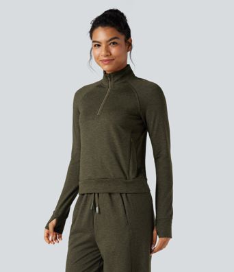 Half Zipper Thumb Holes Quick Dry Fleece Casual Heathered Warming Sweatshirt with Pockets-UPF40+