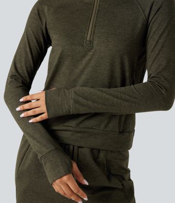 Half Zipper Thumb Holes Quick Dry Fleece Casual Heathered Warming Sweatshirt with Pockets-UPF40+