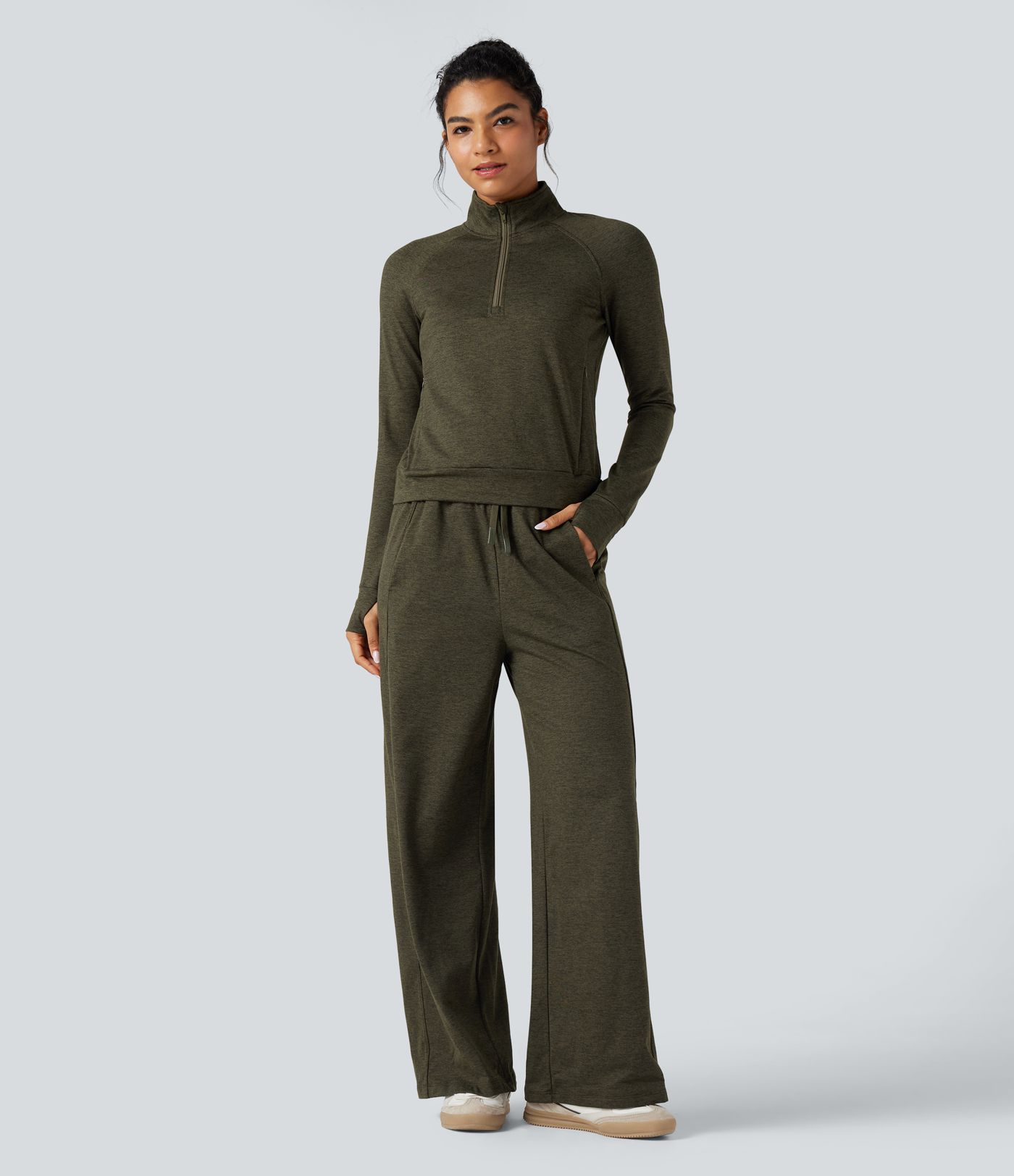 Half Zipper Thumb Holes Quick Dry Fleece Casual Heathered Warming Sweatshirt with Pockets-UPF40+