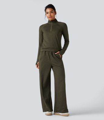 Half Zipper Thumb Holes Quick Dry Fleece Casual Heathered Warming Sweatshirt with Pockets-UPF40+