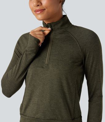 Half Zipper Thumb Holes Quick Dry Fleece Casual Heathered Sweatshirt with Pockets-UPF40+ Half Zipper Thumb Holes Quick Dry Fleece Casual Heathered Sweatshirt with Pockets-UPF40+