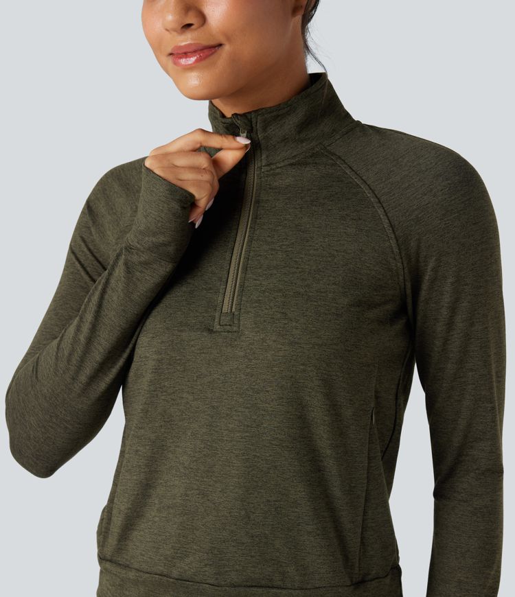 Half Zipper Thumb Holes Quick Dry Fleece Casual Heathered Sweatshirt with Pockets-UPF40+ Half Zipper Thumb Holes Quick Dry Fleece Casual Heathered Sweatshirt with Pockets-UPF40+