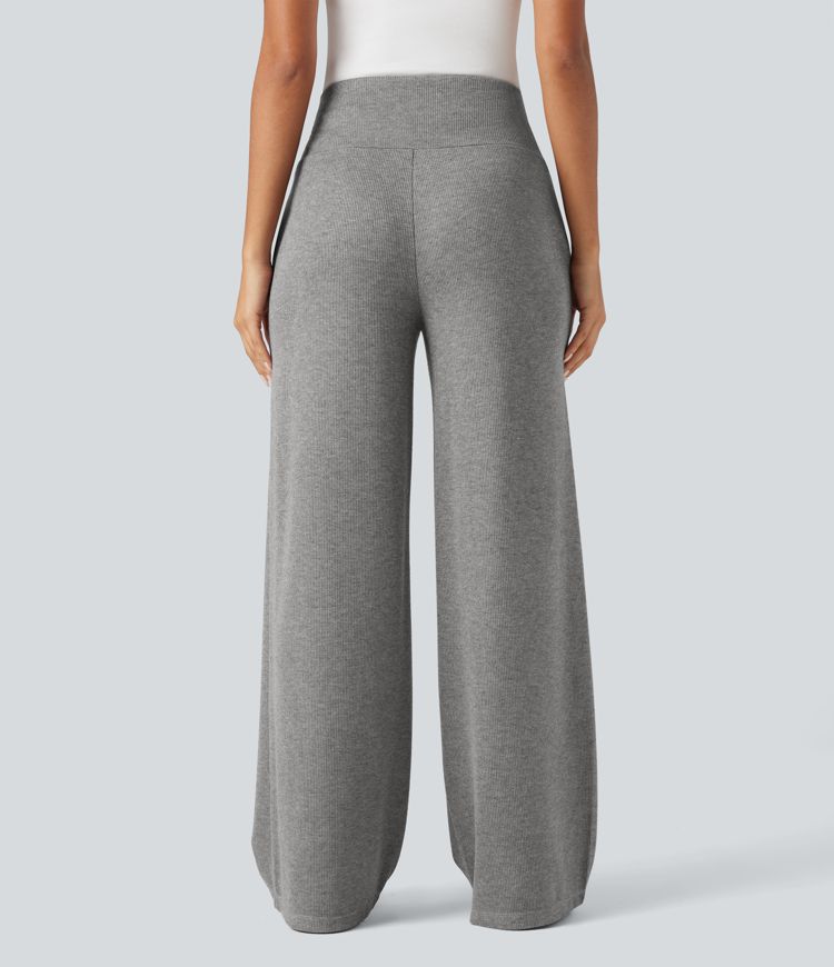 Ribbed Knit SoCinched High Waisted Tummy Control Drawstring Casual Wide Leg Pants with Pockets