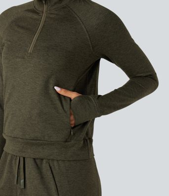 Half Zipper Thumb Holes Quick Dry Fleece Casual Heathered Warming Sweatshirt with Pockets-UPF40+