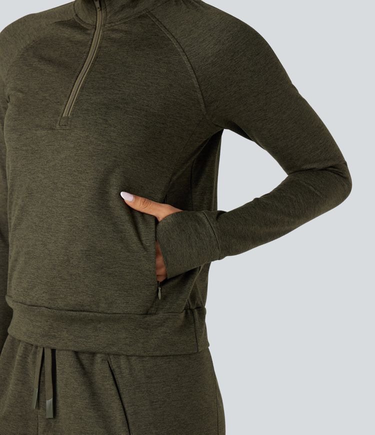 Half Zipper Thumb Holes Quick Dry Fleece Casual Heathered Warming Sweatshirt with Pockets-UPF40+