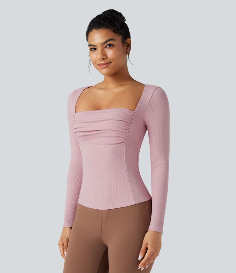 Ribbed Knit Square Neck Ruched Long Sleeve Work T-Shirt