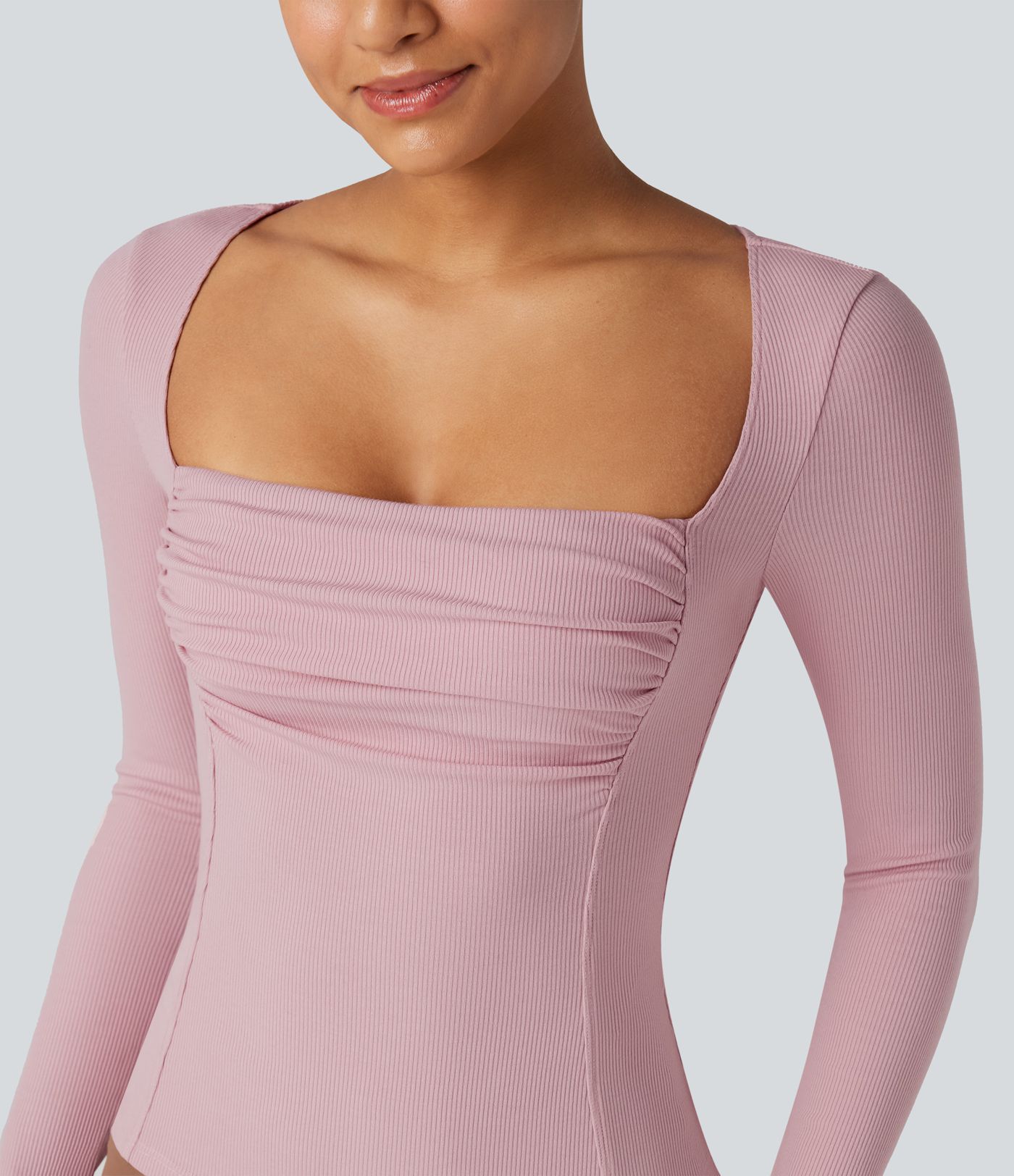 Ribbed Knit Square Neck Ruched Long Sleeve Work T-Shirt