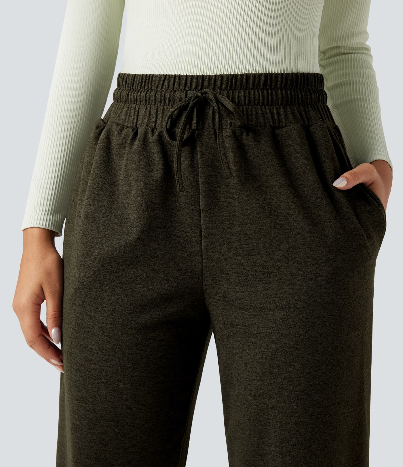 Jogging polaire thermique chiné séchage rapide taille haute avec cordon de serrage et poches - UPF40+