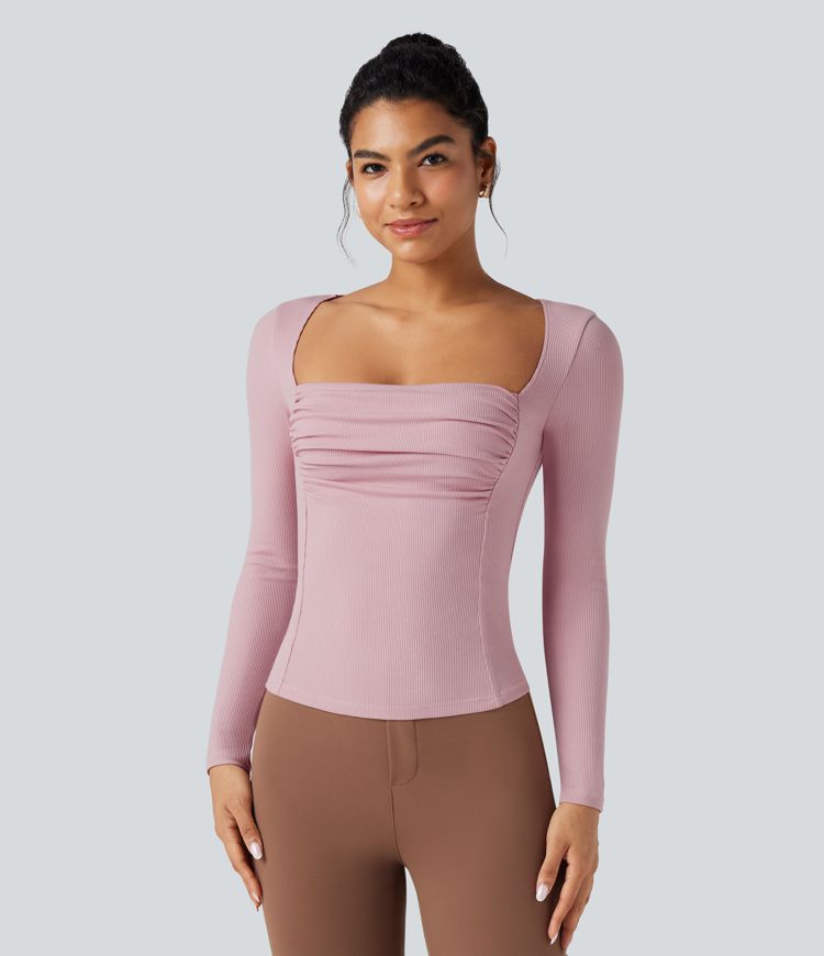 Ribbed Knit Square Neck Ruched Long Sleeve Work T-Shirt