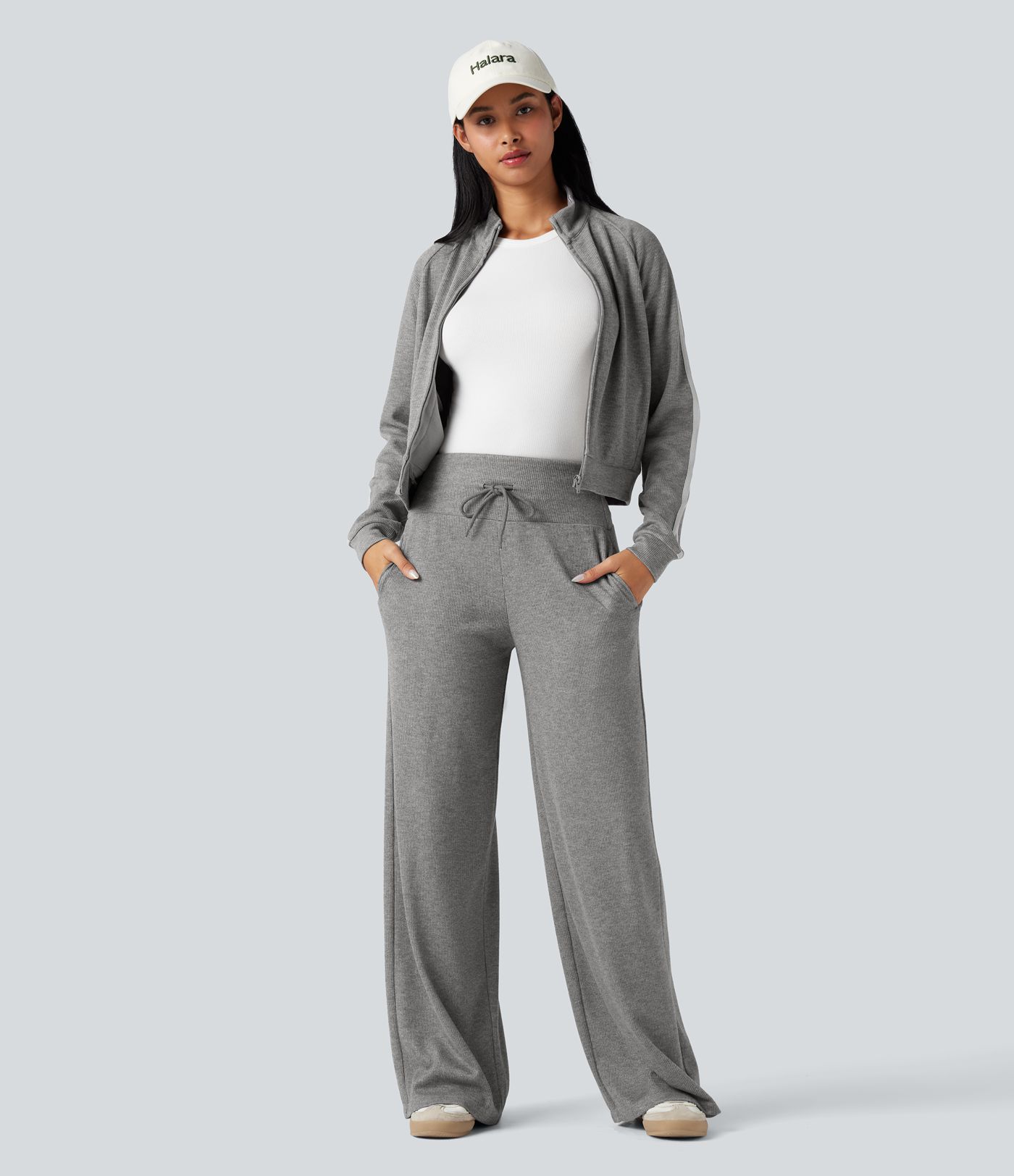 Pantalon jogging large décontracté côtelé gainant taille haute avec cordon de serrage et poches