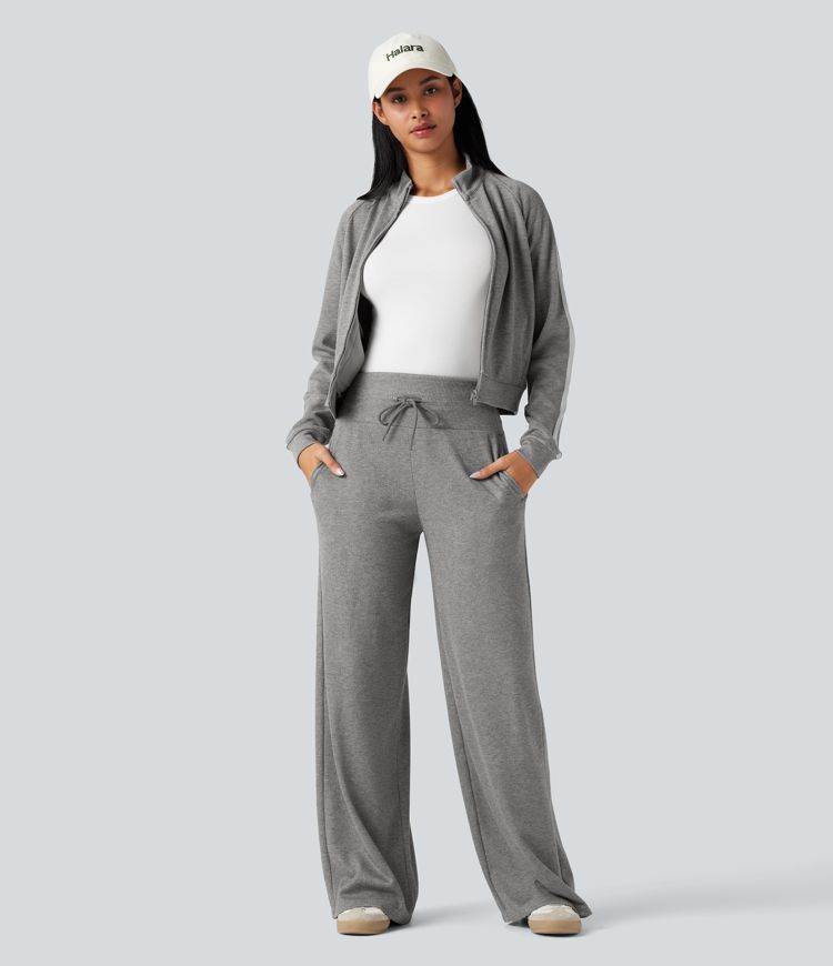 Pantalon jogging large décontracté côtelé gainant taille haute avec cordon de serrage et poches