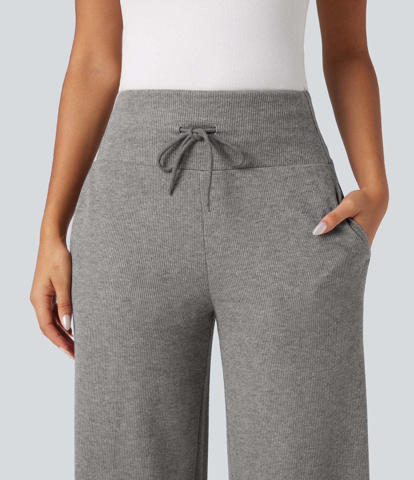 Pantalon jogging large décontracté côtelé gainant taille haute avec cordon de serrage et poches