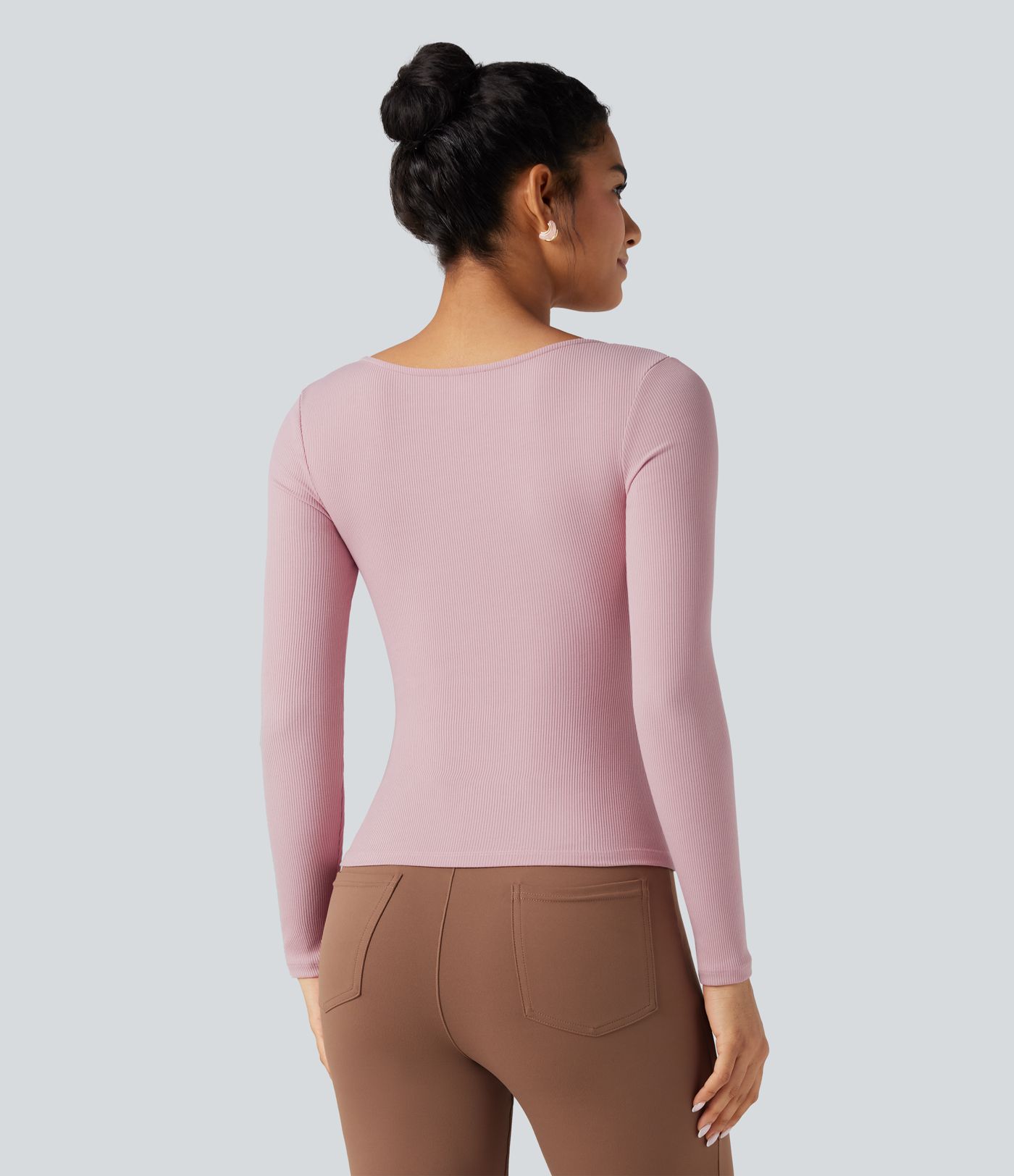 Ribbed Knit Square Neck Ruched Long Sleeve Work T-Shirt