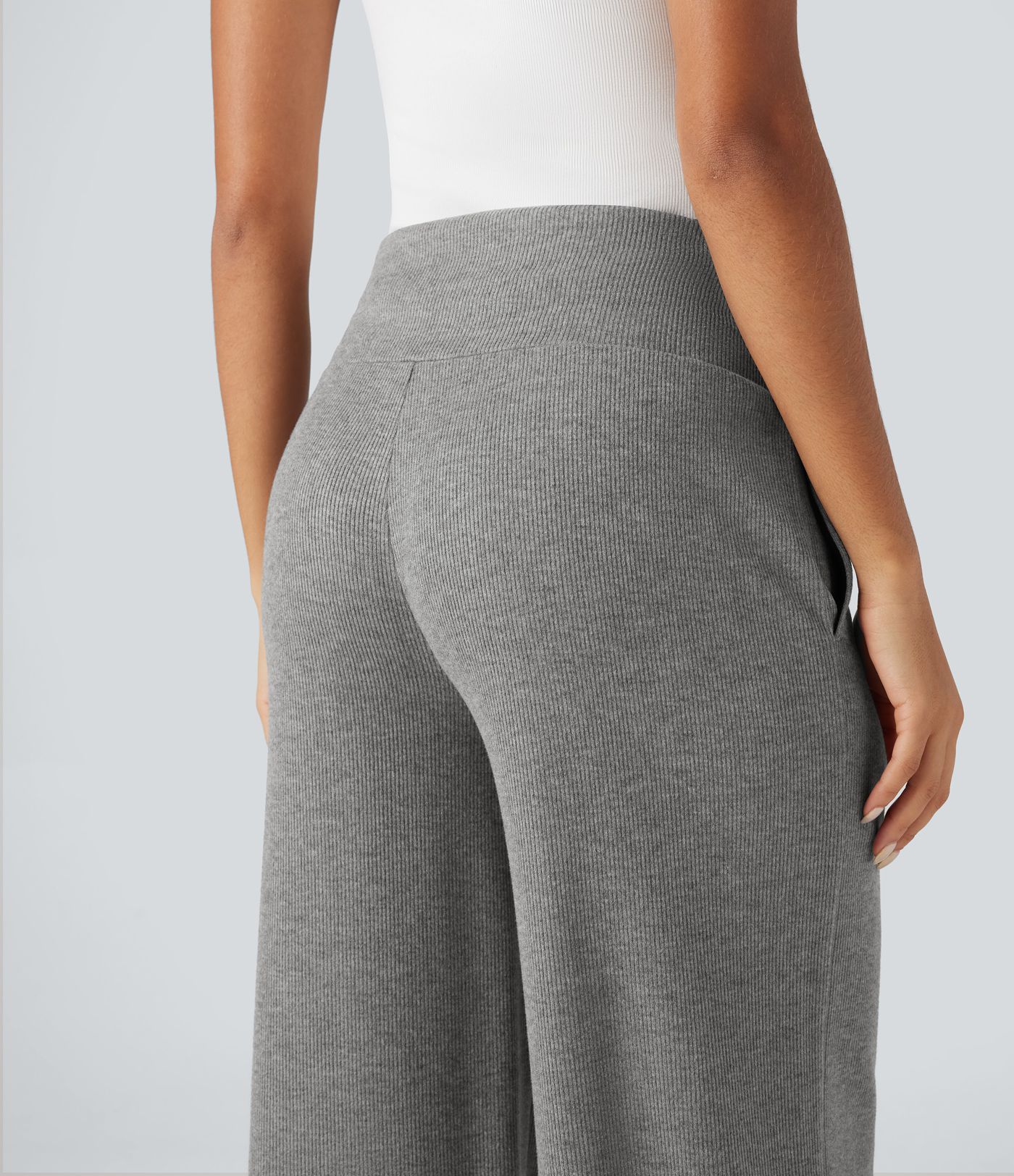 Pantalon jogging large décontracté côtelé gainant taille haute avec cordon de serrage et poches