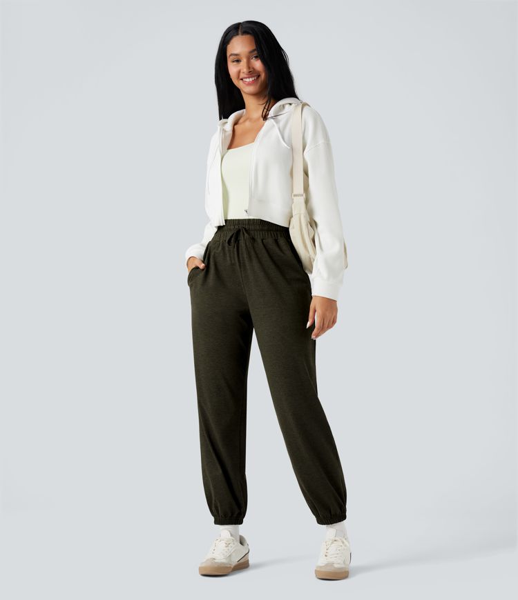 Jogging polaire thermique chiné séchage rapide taille haute avec cordon de serrage et poches - UPF40+