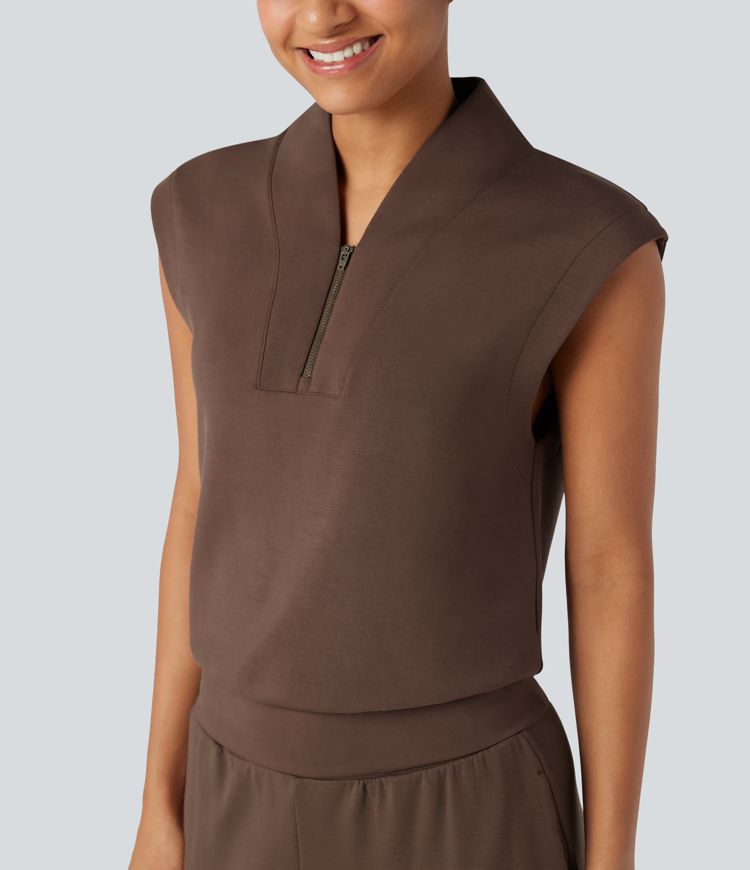Stand Collar Half Zip Sleeveless Yoga Sports Top