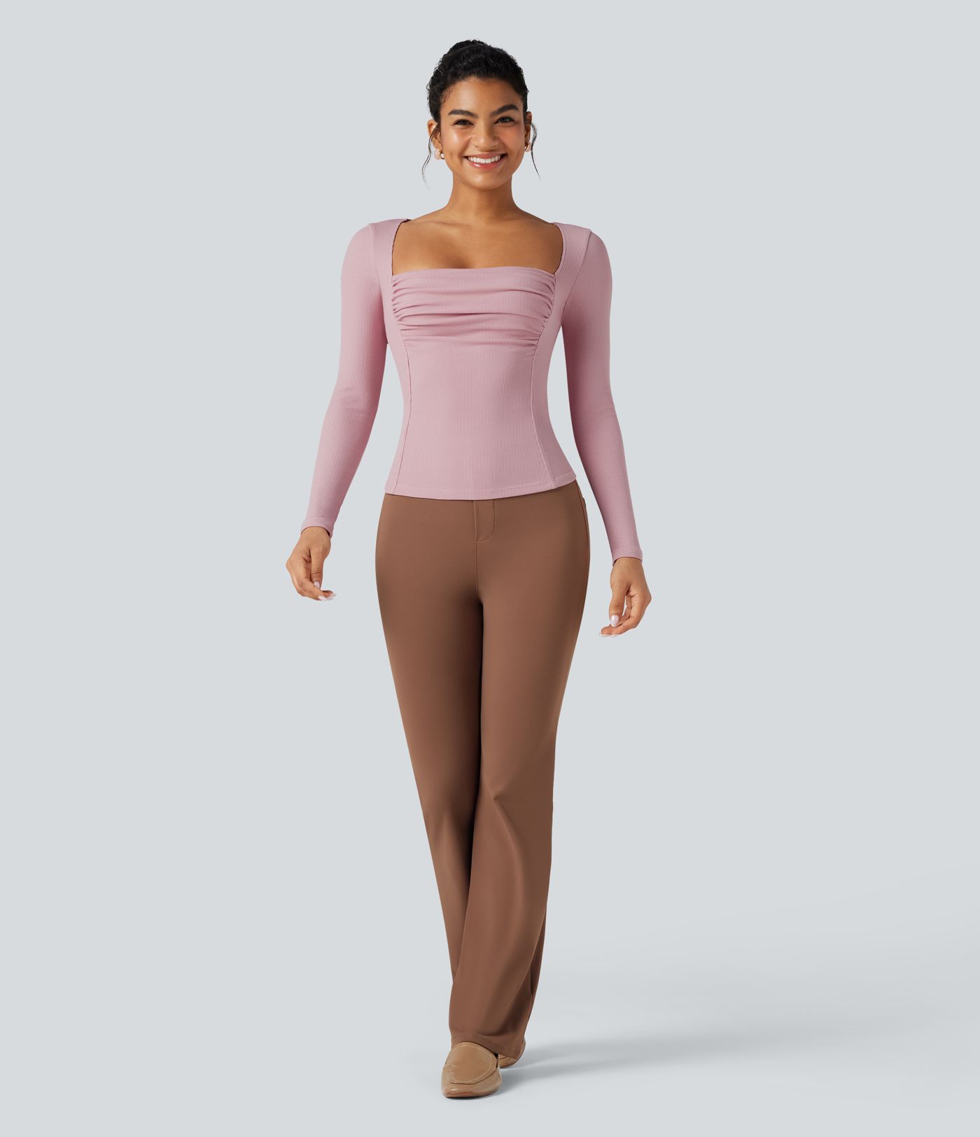 Ribbed Knit Square Neck Ruched Long Sleeve Work T-Shirt