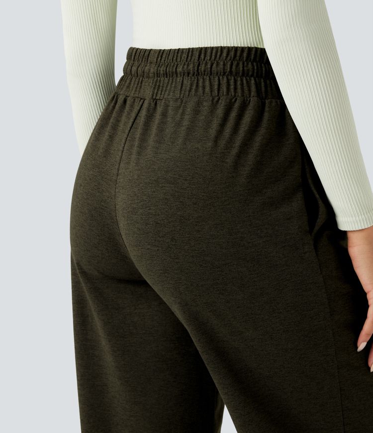 Jogging polaire thermique chiné séchage rapide taille haute avec cordon de serrage et poches - UPF40+