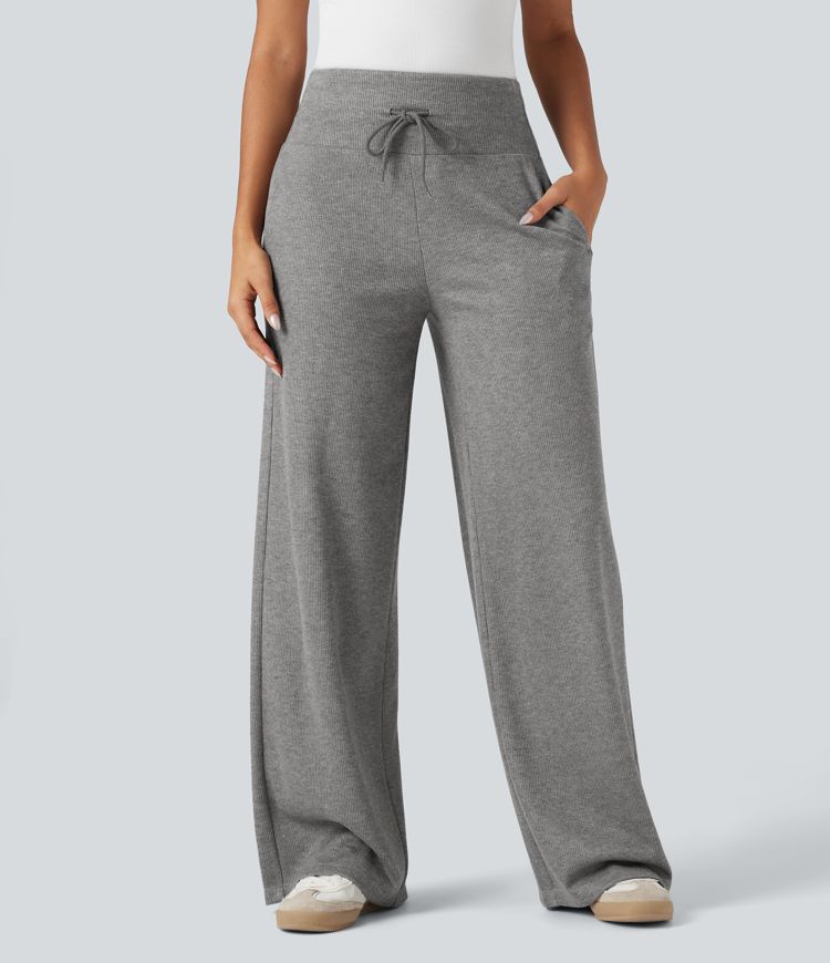 Ribbed Knit SoCinched High Waisted Tummy Control Drawstring Casual Wide Leg Pants with Pockets