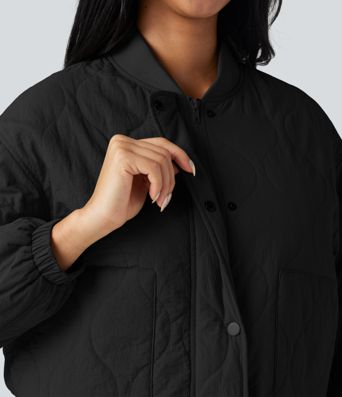 Stand Collar Long Sleeve Casual Bomber Quilted Jacket with Pockets