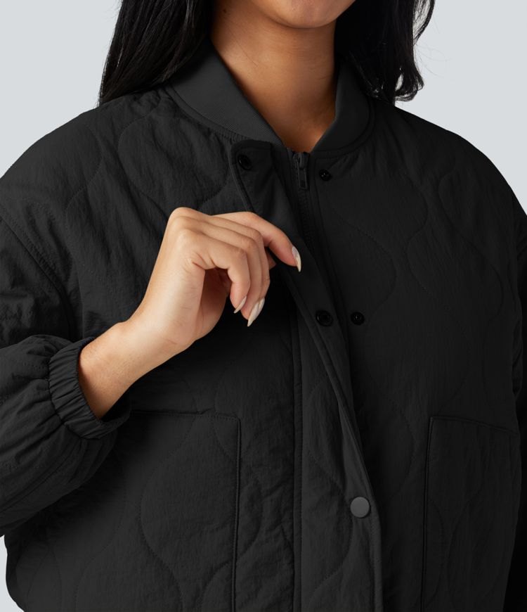 Stand Collar Long Sleeve Casual Bomber Quilted Jacket with Pockets