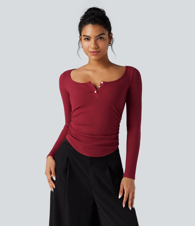 Ribbed Knit Henley Neck Long Sleeve Ruched Curved Hem Work T-Shirt