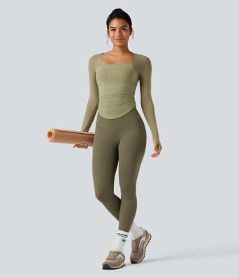 Square Neck Long Sleeve Thumb Holes Contrast Mesh Ruched Curved Hem 2-in-1 Workout Top