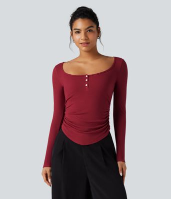 Ribbed Knit Henley Neck Long Sleeve Ruched Curved Hem Work T-Shirt