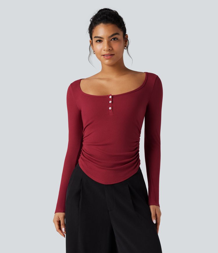 Ribbed Knit Henley Neck Long Sleeve Ruched Curved Hem Work T-Shirt