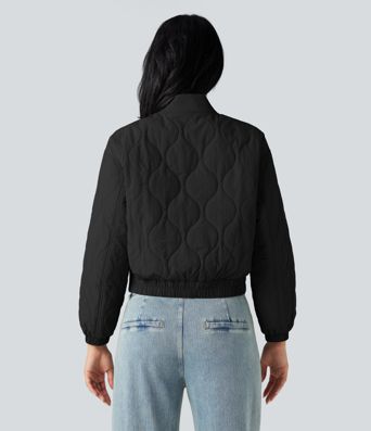 Stand Collar Long Sleeve Casual Bomber Quilted Jacket with Pockets