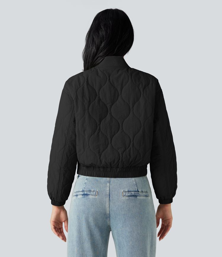 Stand Collar Long Sleeve Casual Bomber Quilted Jacket with Pockets