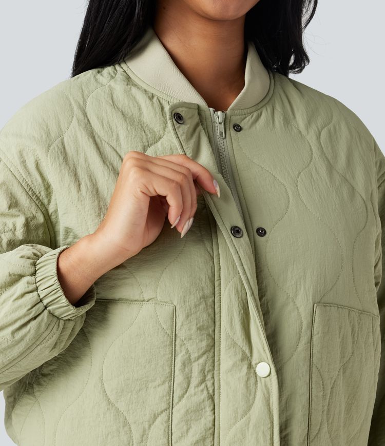 High Collar Long Sleeve Casual Bomber Quilted Jacket with Pockets
