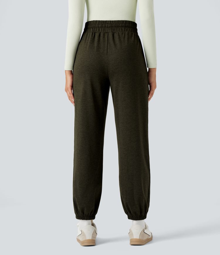 Jogging polaire thermique chiné séchage rapide taille haute avec cordon de serrage et poches - UPF40+