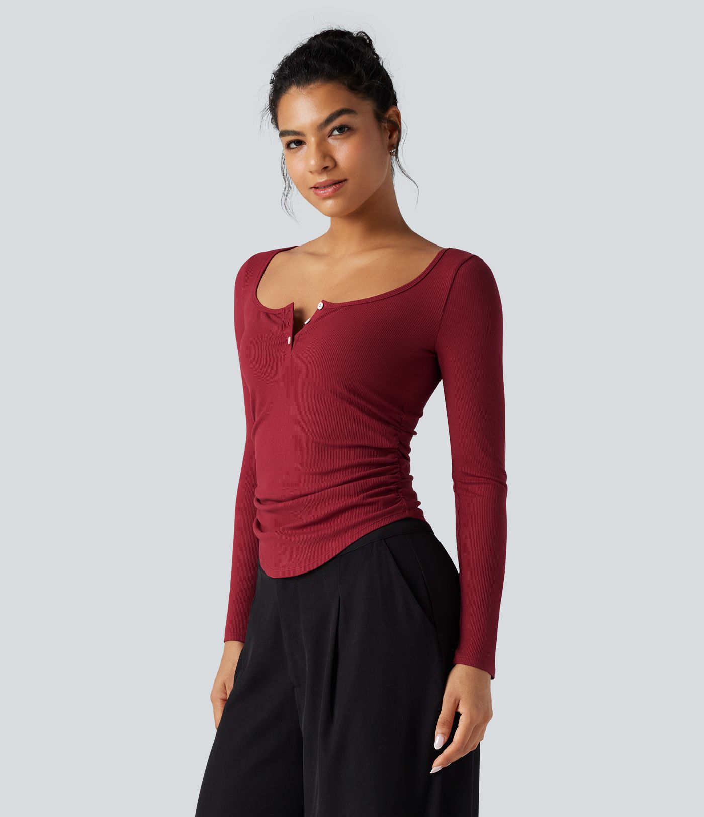 Ribbed Knit Henley Neck Long Sleeve Ruched Curved Hem Work T-Shirt