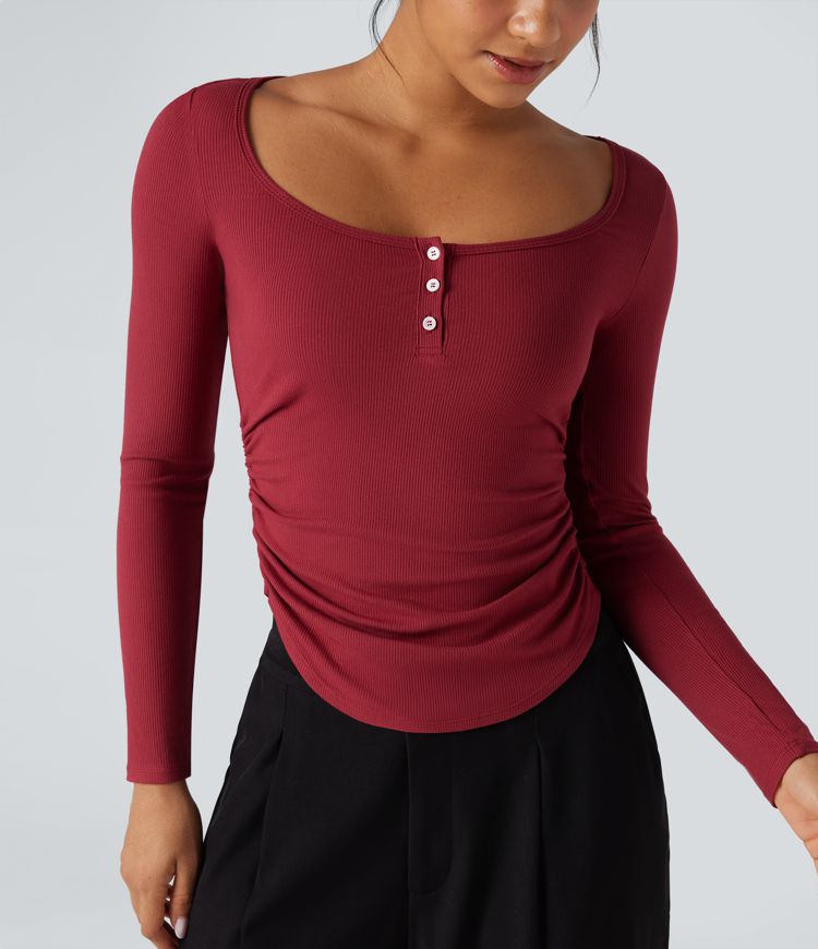 Ribbed Knit Henley Neck Long Sleeve Ruched Curved Hem Work T-Shirt