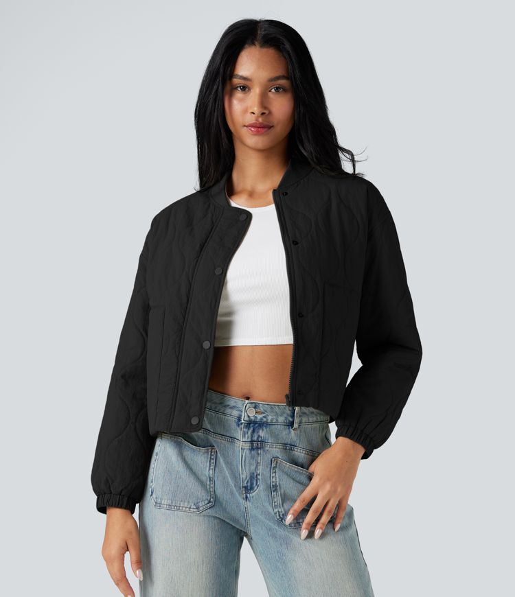 Stand Collar Long Sleeve Casual Bomber Quilted Jacket with Pockets