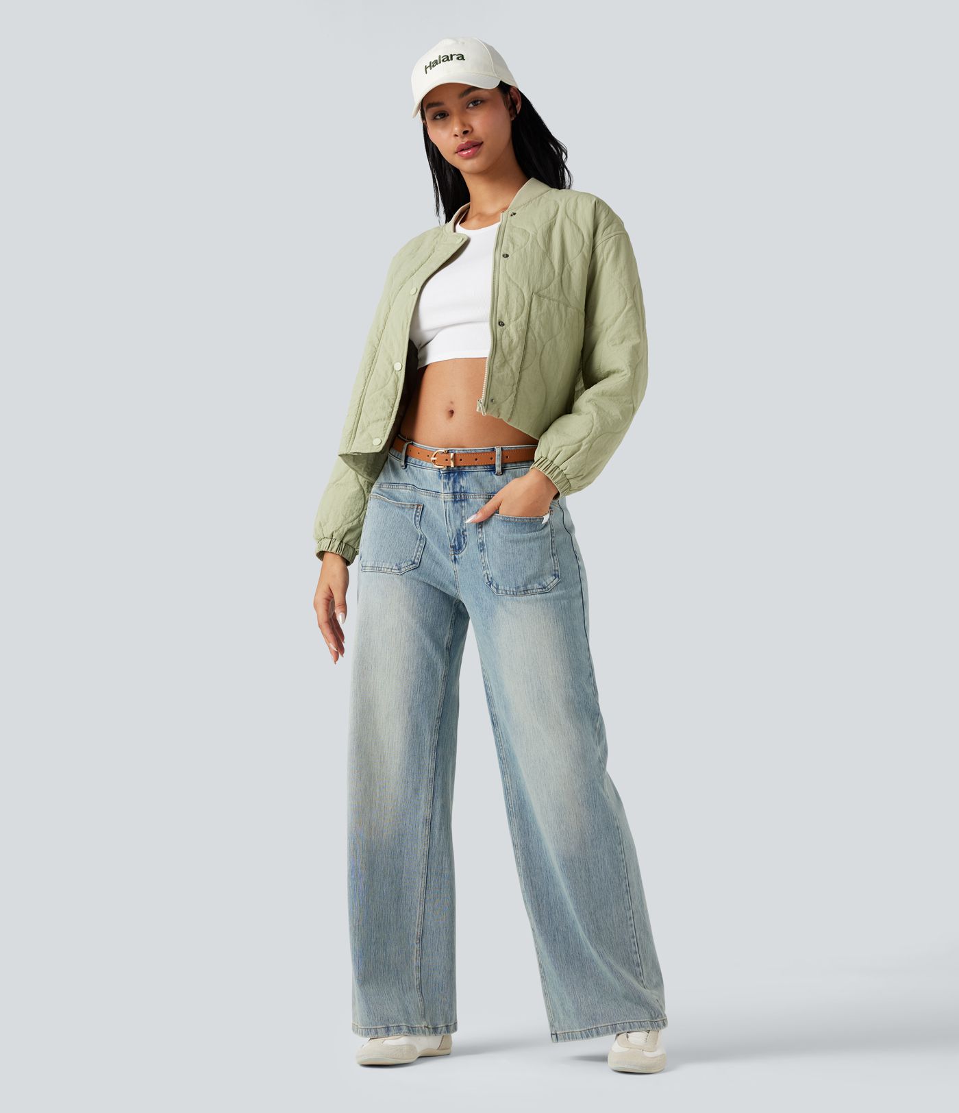 High Collar Long Sleeve Casual Bomber Quilted Jacket with Pockets