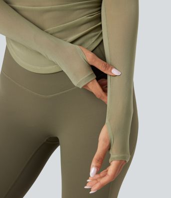 Square Neck Long Sleeve Thumb Holes Contrast Mesh Ruched Curved Hem 2-in-1 Workout Top