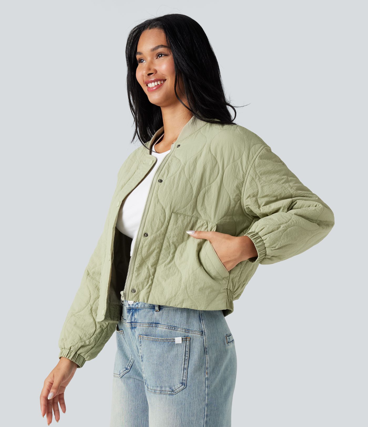 High Collar Long Sleeve Casual Bomber Quilted Jacket with Pockets