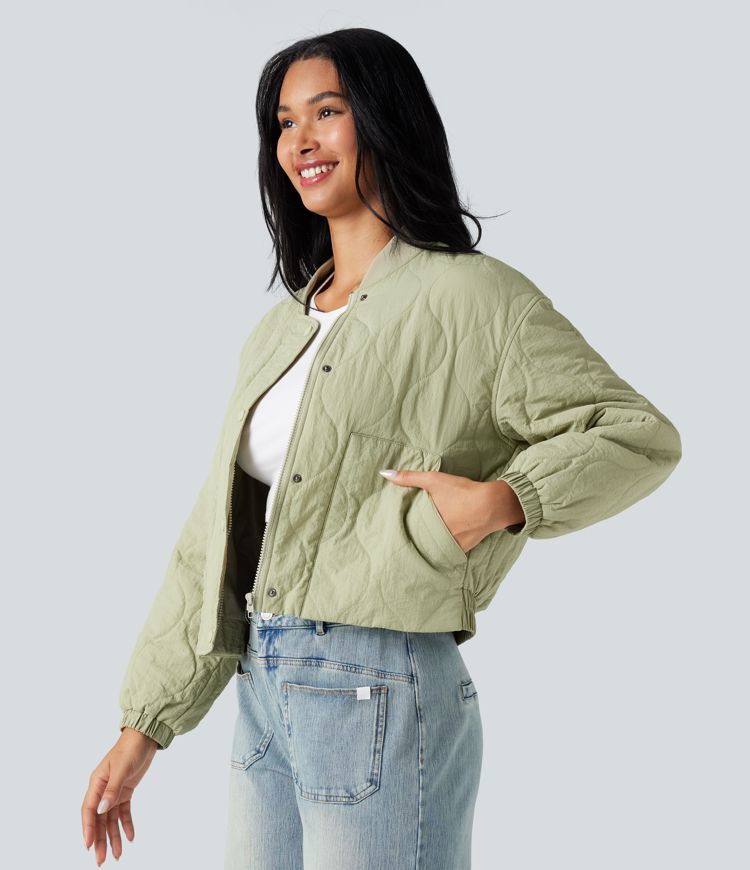 High Collar Long Sleeve Casual Bomber Quilted Jacket with Pockets