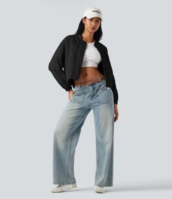 Stand Collar Long Sleeve Casual Bomber Quilted Jacket with Pockets