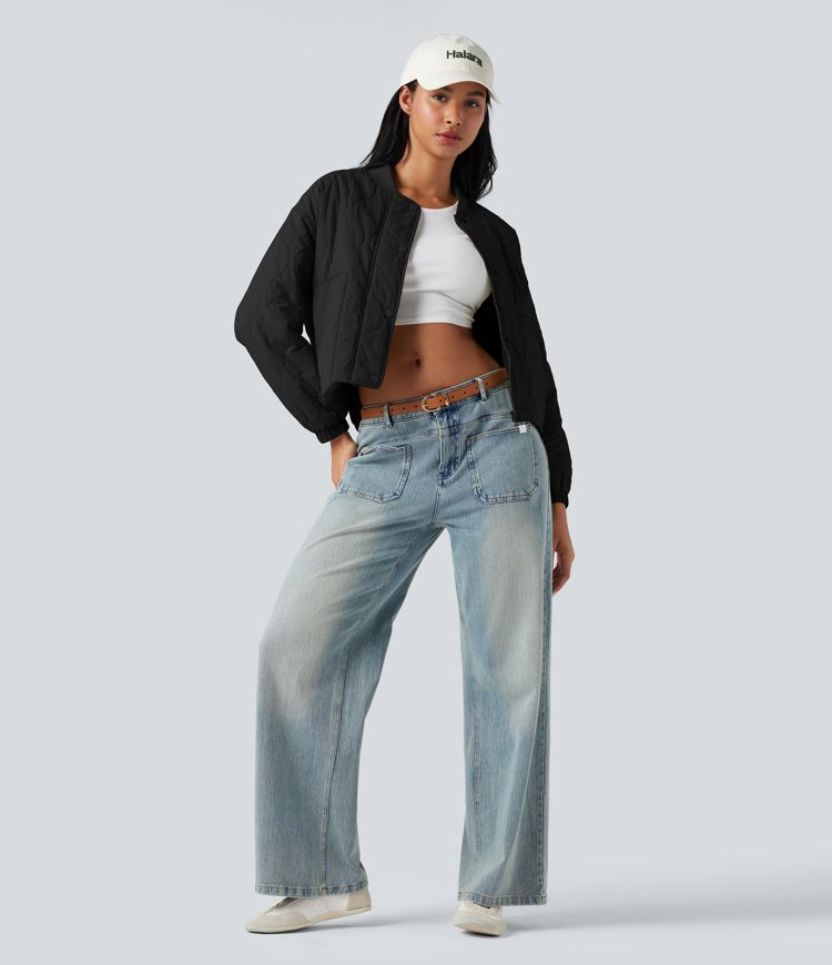 Stand Collar Long Sleeve Casual Bomber Quilted Jacket with Pockets