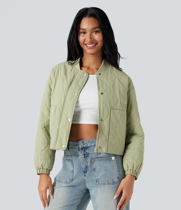 Stand Collar Long Sleeve Casual Bomber Padded Jacket with Pockets