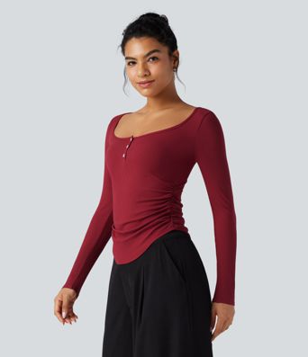 Ribbed Knit Henley Neck Long Sleeve Ruched Curved Hem Work T-Shirt