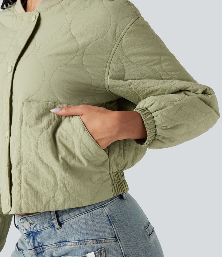 High Collar Long Sleeve Casual Bomber Quilted Jacket with Pockets