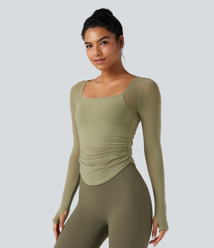Square Neck Long Sleeve Thumb Holes Contrast Mesh Ruched Curved Hem 2-in-1 Workout Top