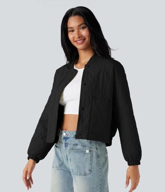 Stand Collar Long Sleeve Casual Bomber Quilted Jacket with Pockets