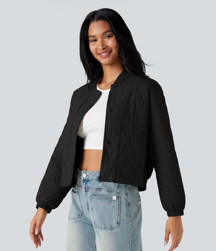 Stand Collar Long Sleeve Casual Bomber Quilted Jacket with Pockets