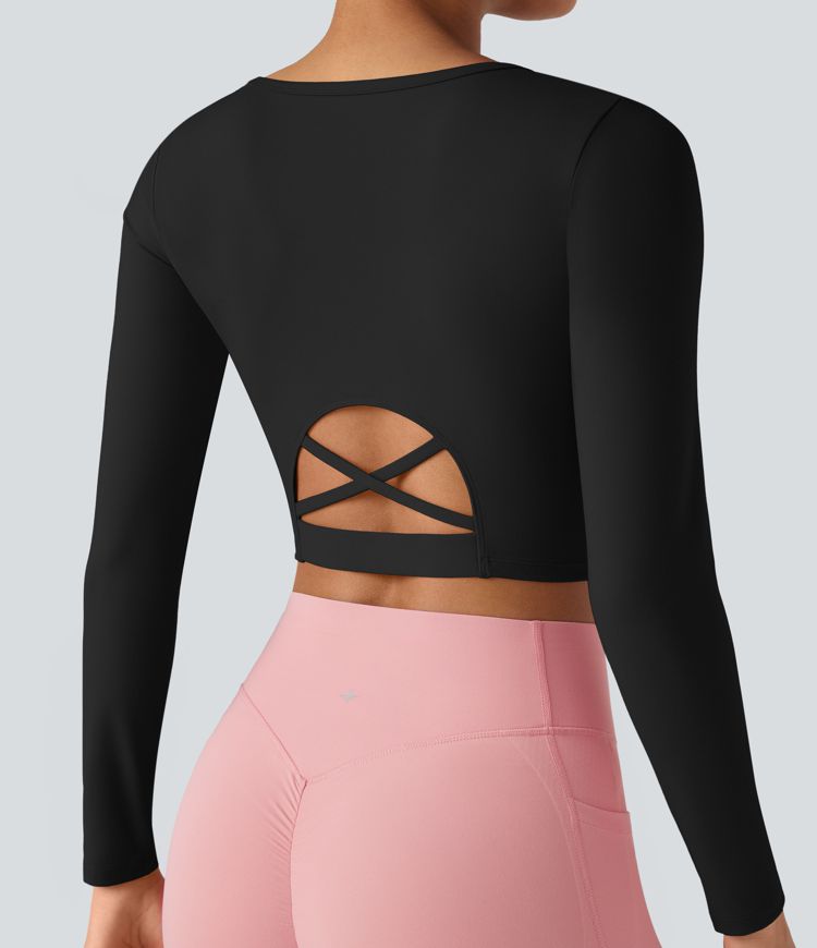 Scoop Neck Long Sleeve Cut Out Cropped Yoga Sports Top
